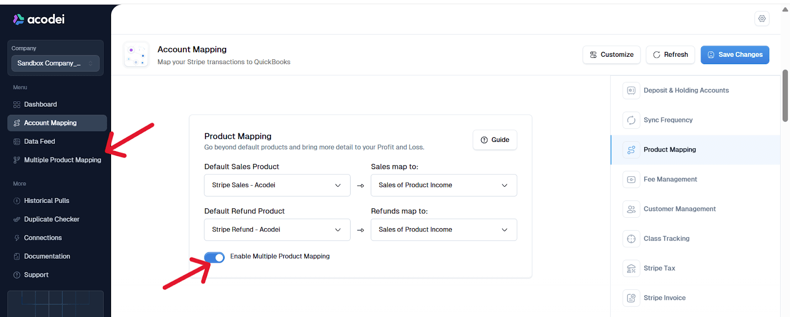 Acodei multiple product mapping setup screen
